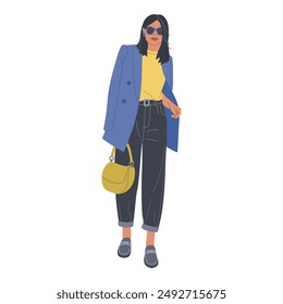 Young woman in fashion outfit. Girl in jeans, jacket, glasses and with handbag. Hand drawn vector illustration isolated on white background. Modern flat cartoon style.