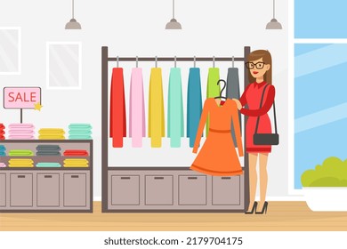 Young Woman in Fashion Store Choosing Dress Doing Shopping Vector Illustration