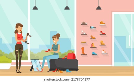 Young Woman in Fashion Store Trying on Pair of Shoes Doing Shopping Vector Illustration