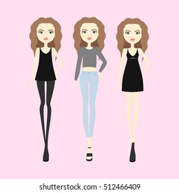 young woman in fashionable clothes. girl in shorts and a sweater. dress. blouse. sandals. footwear. top. casual wear