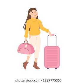 Young Woman in Fashionable Clothes Tourist Traveling with Bag and Suitcase, Girl Going on Vacation Trip Cartoon Vector Illustration
