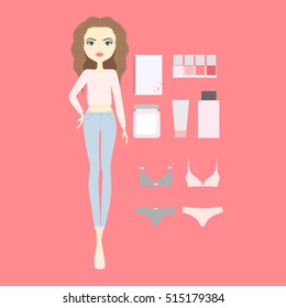young woman in fashionable clothes. underwear. cosmetics. notebook