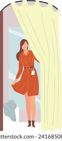 Young woman in fashionable dress standing by the window with flowing curtains. Modern female character at home. Stylish lady enjoying daylight vector illustration