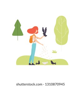 Young Woman Feeding Birds in Park, Girl Relaxing and Enjoying Nature Outdoors Vector Illustration