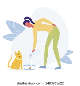 Young Woman Feeding Cat Flat Vector Illustration. Smiling Lady, Pet Owner Holding Milk Carton Cartoon Character. Cute Hungry Kitty. Domestic Animal Care. Happy Girl Looking After Kitten