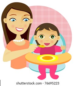 Young woman feeding a  cute baby
