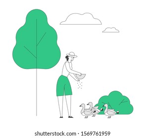 Young Woman Feeding Ducks at House Yard. Female Farmer, Villager Character at Work. Girl Care of Birds on Farm at Summertime. Agriculture, Poultry Farming. Cartoon Flat Vector Illustration, Line Art