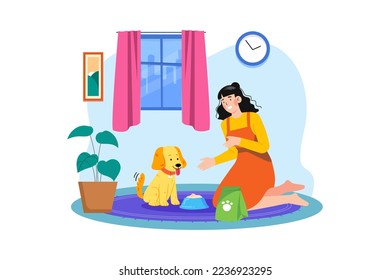 Young woman feeding her dog Illustration concept. A flat illustration isolated on white background