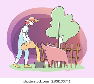 Young woman feeding pig flat vector illustration. Female worker farming at countryside. Agriculture and job concept