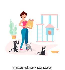 Young woman feeds her cats in flat style. Adorable cartoon character isolated on white background. Vector illustration eps 10