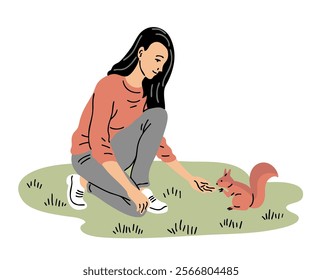 A young woman feeds a squirrel in the park. Wild animals. Caring for nature. Harmony between humans and animals. Vector illustration isolated on white background