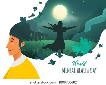 Young Woman Feel The Air With Open Arms On Nature View In Night Time For World Mental Health Day.