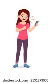 young woman feel angry and scream to phone