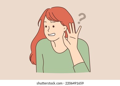 Young woman feel confused listening to hidden or secret information. Frustrated girl make hand gesture hearing to gossip or hearsay. Vector illustration. 