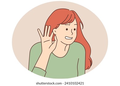 Young woman feel confused listening to hidden or secret information. Frustrated girl make hand gesture hearing to gossip or hearsay. Vector illustration.