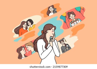 Young Woman Feel Nostalgic Remembering Different Scenes From Life. Happy Girl Memory With Positive And Negative Events. Nostalgia And Recollection. Vector Illustration. 