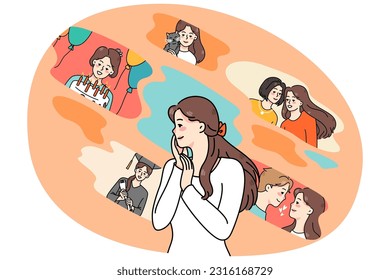 Young woman feel nostalgic remembering different scenes from life. Happy girl memory with positive and negative events. Nostalgia and recollection. Vector illustration.