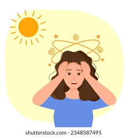 Young woman feeling dizziness. Unhappy girl feels dizzy under strong sunlight in flat design vector illustration.