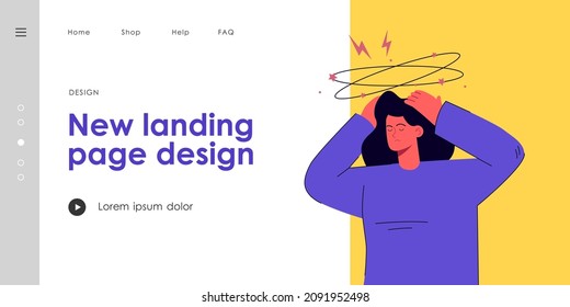 Young woman feeling dizzy or sick. Cartoon drunk or tired person touching head, vertigo flat vector illustration. Stress, headache, health concept for banner, website design or landing web page