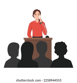 Young woman feeling fear and anxiety before stage speech. Nervous shy speaker with fright of audience. Lecturer sweating at public speaking. Flat vector illustration isolated on white background