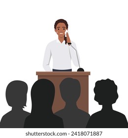 Young woman feeling fear and anxiety before stage speech. Nervous shy speaker with fright of audience. Lecturer sweating at public speaking. Flat vector illustration isolated on white background