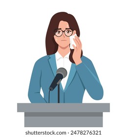 Young woman feeling fear and anxiety before stage speech. Flat vector illustration isolated on white background