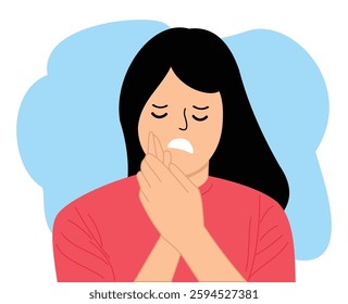 young woman feeling pain holding his cheek with both hands suffering from bad toothache having painful expression