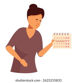 Jovem mulher sentindo dor mantendo calendário, tendo ciclo menstrual, conceito de menstruação