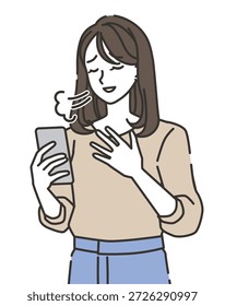 Mujer joven sintiéndose aliviada mientras usa un teléfono inteligente