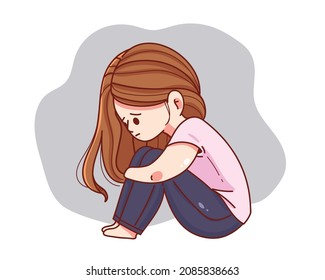 Young woman feeling sad tired and worried suffering depression cartoon hand drawn cartoon art illustration