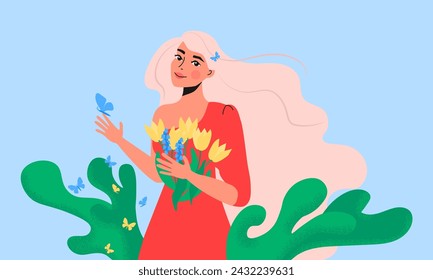 Young woman feeling self love, bliss, harmony, positive emotion. Happy calm peaceful girl. Care, humanity and peace concept. Flat vector illustration