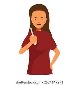 Young woman feeling sick and worried holding a thermometer showing a high fever temperature, healthcare and medical concept