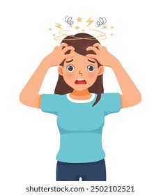 young woman feeling stressed frustrated squeezing her head with hands suffer from headache, migraine, tension, and emotional problems because of overworked