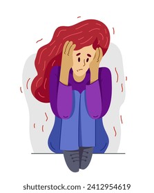 Young woman feeling stressed and uncomfortable, vector illustration of a person having mental disorder panic and anxiety, psychological problems.