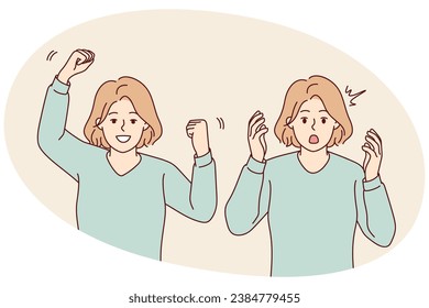 Young woman feeling unhappy and happy showing different emotions. Emotional girl feel stressed and excited. Mood swing. Vector illustration.