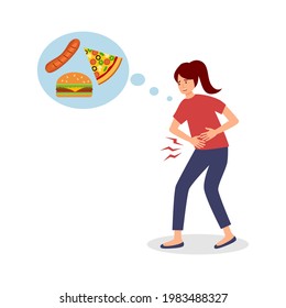 Young woman feels hungry and thinking about food in flat design on white background. Female suffering from stomachache and want eating food.	