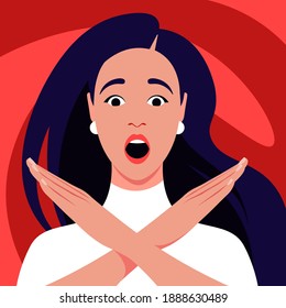 A young woman feels stress, fear, horror. Gesture of gesture of refusal and prohibition. Crossed hands. Vector flat illustration