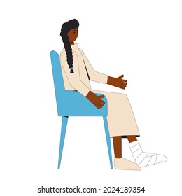 Young woman with feet toe trauma isolated on white background. Female person with broken leg sitting on a chair. Vector line art illustration.