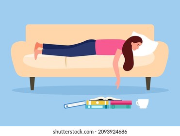 Young woman fell asleep on sofa while reading in flat design.