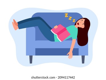 Young woman fell asleep on sofa while reading book in flat design.