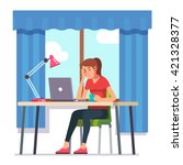 Young woman fell asleep working on laptop computer at her home office working desk. Flat style color modern vector illustration.