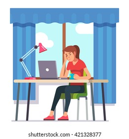 Young woman fell asleep working on laptop computer at her home office working desk. Flat style color modern vector illustration.