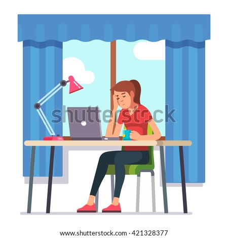 Young woman fell asleep working on laptop computer at her home office working desk. Flat style color modern vector illustration.