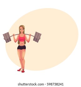 Young woman, female bodybuilder, weightlifter working out with barbell, cartoon vector illustration with place for text. Woman bodybuilder standing with barbell on her shoulders