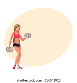 Young woman, female bodybuilder, weightlifter working out, training arms with dumbbells, cartoon vector illustration with space for text. Beautiful woman bodybuilder standing with dumbbells