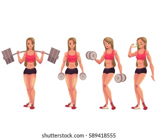 Young woman, female bodybuilder working out with barbell and dumbbell, drinking protein shake, cartoon vector illustration isolated on white background. Woman bodybuilder in various positions