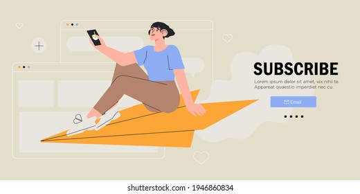 Young woman or female character sitting and flying on paper plane and sending message. Concept of email marketing, newsletter, news, offers, promotions subscription. Follow us on social media concept.