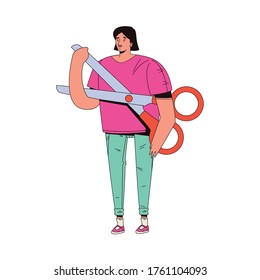 young woman female with scissors avatar character vector illustration design