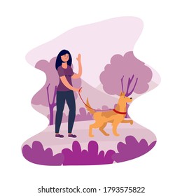 young woman female walking with dog vector illustration design