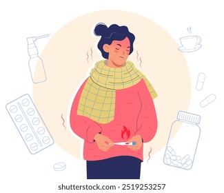 Mujer joven con fiebre y termómetro. Síntomas de enfermedades virales, resfriados, gripe.  Concepto de atención de salud. Ilustración vectorial plana aislada sobre fondo blanco